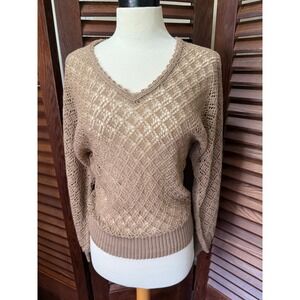 Mazurka Women's Brown Crochet Knit V Neck Long Sleeve Sweater Top M